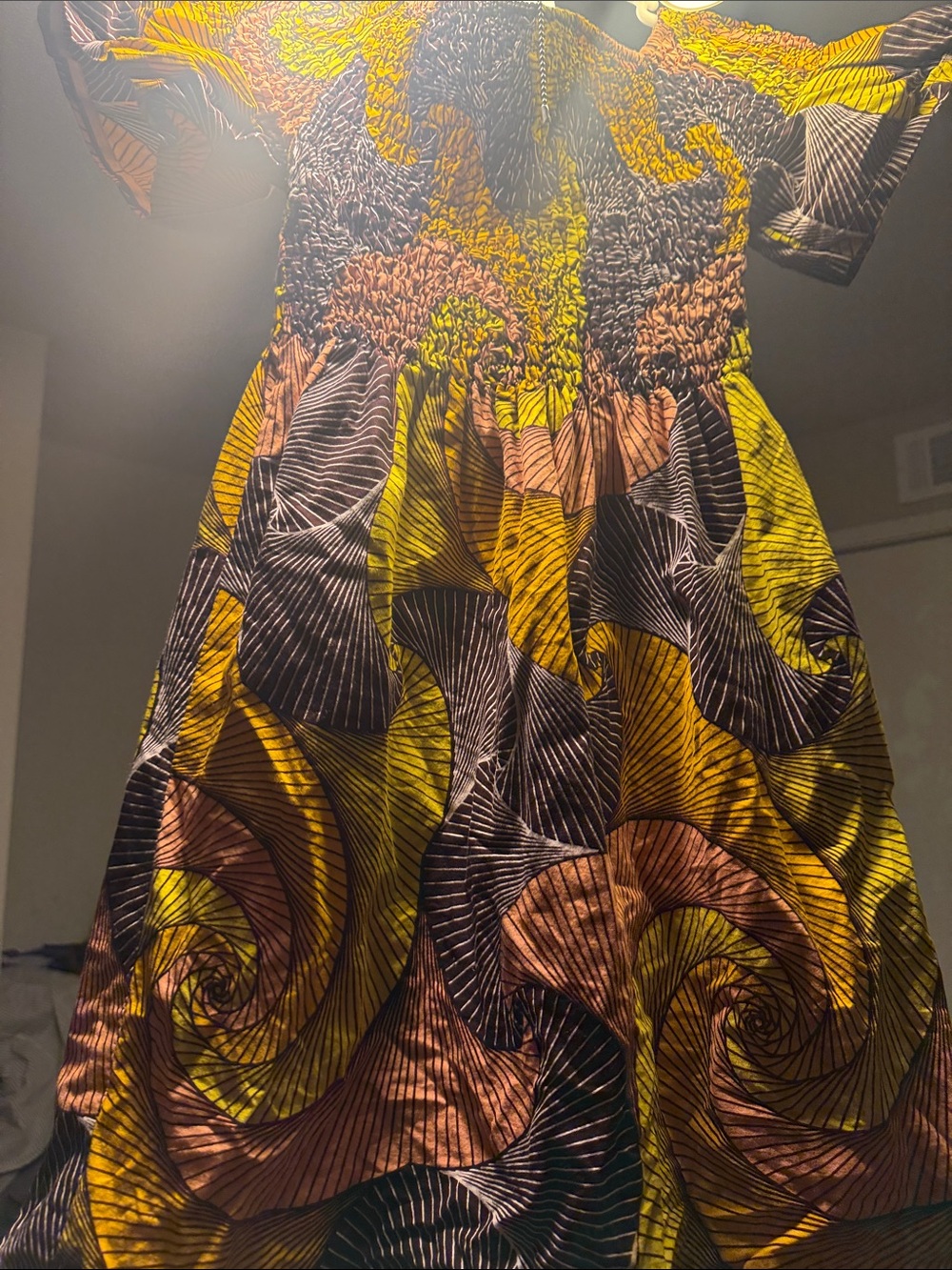 Vibrant Swirl Print Smocked Waist Dress - Yellow, Brown, Black